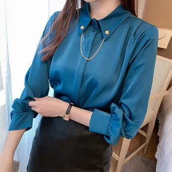 Korejski Svilene Srajce, Ženske Saten Bluze Majica Urad Dama Bele Srajce Priložnostne Ženska Svile Vrhovi Plus Velikost Žensko Bluzo Z Dolgimi Rokavi