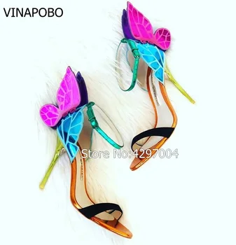 Vinapobo Pisane kovinski vezene usnjeni sandali, ki angel krila črpalke stranka obleko poročni čevlji metulj gleženj zaviti visoke pete 3100
