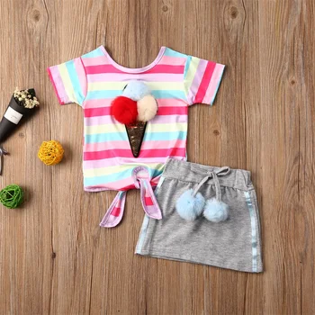 2020 2PCS Malčka Otroci Baby Girl Obleke, Kompleti Mavrica Prugasta Princesa Vrhovi T-shirt Mini Krilo Obleke
