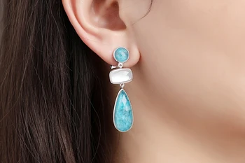 DORMITH pravi 925 sterling srebrni uhani razkošje naravnih modra Apatite in belo lupino waterdrop uhani za ženske fine nakit