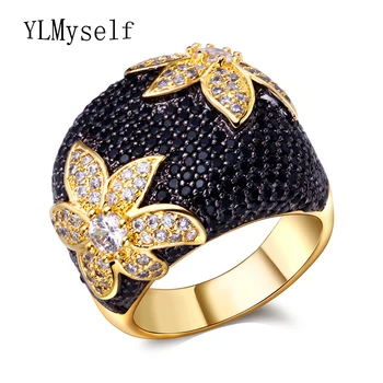 Big Black flower prst obroč, Nakit, CZ kristali Kamni Zlato barvo Velike obroči za ženske, modni nakit razkošje dodatki