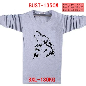 Men ' s big T-shirt velikost 5XL 6XL 7XL 8XL jesen in zimo, dolgo sleeved krog vratu big wolf glavo tiskanja črno, sivo modre