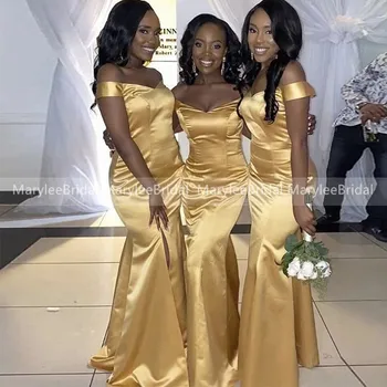 Afriške Zlato Rumeno Družico Obleke 2020 Vestidos Dolgo Morska Deklica Poroka Stranka Obleko Off Ramen Spredaj Režejo Poroka Obleke Gost 351