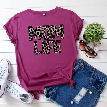 Leopard Mama Življenje Črke Natisni T-Shirt Poletje Ženske Neon Kratek Rokav Mati Obleka Lady Tees Femme Ulzzang Letnik Tee Vrhovi