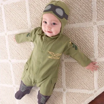 Baby Boy Dojenčka Zelena Poln Rokavi Pilotni Letalec igralne obleke+Klobuk 2pcs Nastavite Playsuit Obleko Jumpsuit igralne obleke Bombaž Kostum Telo Obleko