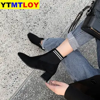 2020 Ženske Elastični Trak Gleženj Škornji Jeseni Ženski Chelsea Antilop Žensk Priložnostne Močen Visokih Petah Mode Dame Čevlji