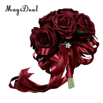 MagiDeal Romantično Rose Cvet Poroka Poročni Šopek Roko Držite Cvet Rdeče Vino 42796
