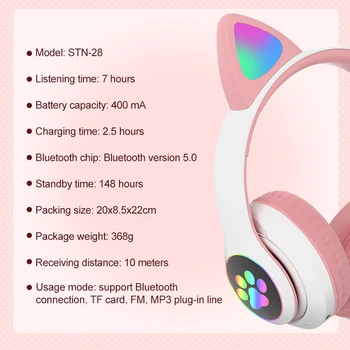 RGB Mačje Uho Slušalke Bluetooth 5.0 Bas šumov Odrasli Otroci Dekle Slušalke Podpira TF Kartice Casco Mic Darilo Zapestnica 44489