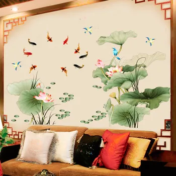 225*97 CM DIY Lotus Flower Stenske Nalepke, Dnevna Soba Dekoracijo Doma Kitajski Slog Cvet Stenske Slike 3D Ozadje, Freska