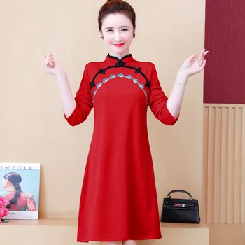 2020 Nov Modni Kitajski Cheongsam Ženske Obleke Črno Rdeče Barve, Dolg Rokav Vintage Cvet Vezenje Stranka Obleko Qipao Qi Pao