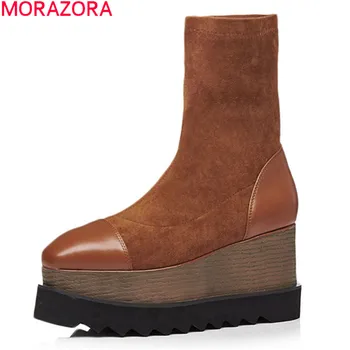 MORAZORA 2020 Pravega usnja čevlji seksi wedgs platformo dame, čevlji za jesen zimo klasično gleženj škornji za ženske črna 5377