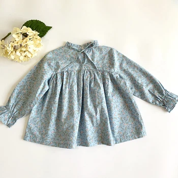2020 Pomlad Moda Dekleta Cvetlični Majica Dolg Rokav Modri Cvet Natisnjeni Dekleta Bluzo Majica 90-140 cm DT004