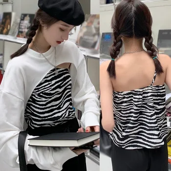 Ženske Hoodies Design Občutek Večplastna Obrabe Hong Kong Slog Dolgimi rokavi Jakno Plašč Eno-ramo Zebra Vzorec Modni Telovnik Povodcem