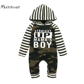 2020 Autunb Baby Boy Hooded Romper Prugasta Dolg Rokav Colorblock Pismo Hoodie Camo Jumpsuit En Kos Oblačila 0-24M 54888