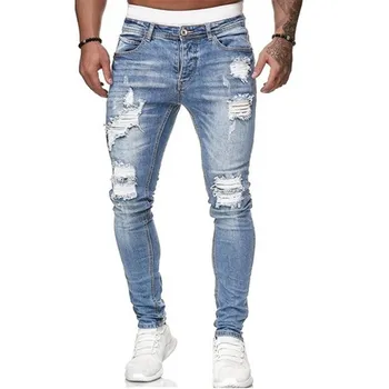 Jeans Moški Elastični Pas Skinny Kavbojke Moški 2021 Stretch Hip Hop Raztrgane Hlače Ulične Mens Traper Hlače Modre 55148