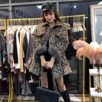 Leopard natisniti Plašč Jakna Ženske Nove modne Zimske Zgostitev Toplo Zlato žamet Priložnostne Parka Bombaž Plašč Ženski Outwear 57432