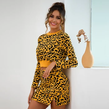 2020 Jeseni, Pozimi Ženske Pleteni Pulover Obleko Leopard Tiskanja Dva Kosa Iz Odrezana Pulover In Split Krilo Nastavite Sweatsuit Obleke