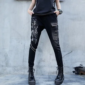 Max LuLu Luksuzni Korejski Oblikovalec Ženske Punk Harem Hlače, Womens Natisnjeni Črno Kavbojke Luknje Push Up Pantolon Ženskega Jeansa Hlače