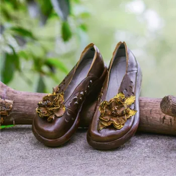 VALLU Ročno usnjeni ženski čevlji za pomlad in poletje novih cvetje etnične klin pete debelo dno udobno votlo luknjo čevlji 5944