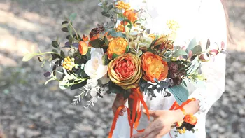 JaneVini Letnik Poroko Oranžna Šopek za Nevesto 2020 Ročno izdelanih Svilenih Vrtnic Poročne Rože Jeseni Poročni Šopek Dodatki 59504