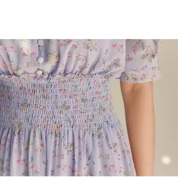 Gumb Vijolično Ruffle Obleka Ženske Cvetlični Šifon korejski Vestido Cvetlični Mini Sundress Vestidos Cortos Poletje 2019 Playa v Vratu De