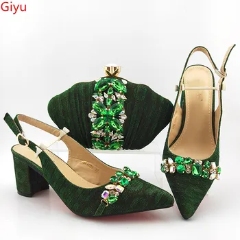 Doershow italijanski modni zeleni copati in vreča nastavite na debelo ženske poročni čevlji in ujemanje torbici za ženske stranka!HAS1-48
