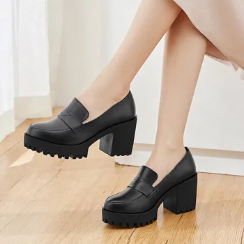 DRFARGO 2020 Čevlji Ženske Platformo Črpalke 8 cm Kvadrat Pete Visoko Vamp Silp na Črno Obleko Čevlje Pravega Usnja Zapatos velikost 41 63615
