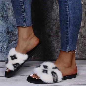 2020 Jeseni, Pozimi Ženske Novo Krzno Copate Zunaj Oblikovalec Puhasto Strani modni Sandali velike velikosti