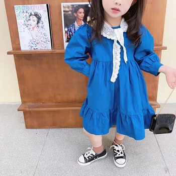 Jeseni Nov Prihod v korejskem slogu bombaž dolg rokav princesa obleko z čipke pasu za modo cute sweet baby dekleta