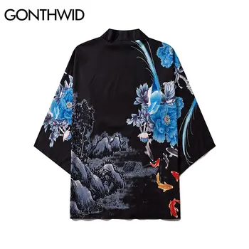 GONTHWID Peony Cvetje Koi Krap Ribe za Tiskanje Japonski Kimono Jopico Majice, Vrhovi, Mens Priložnostne Odpri Prednji Jopiči, Plašči za Ulične