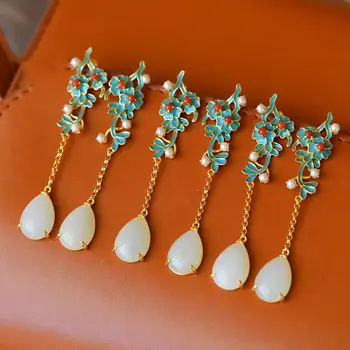SNew srebro retro etnične krajine Tajski modri Kitajski palace emajl barva rastlin spusti uhani za ženske plovila blagovne znamke nakit