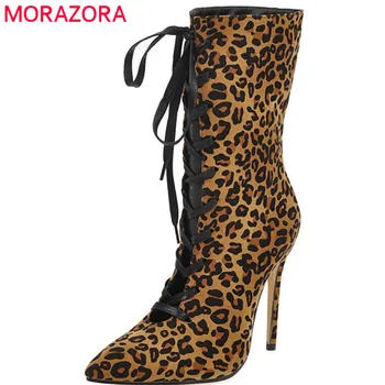 MORAZORA 2020 nove modne ženske škornji opozoril toe čipke jeseni čevlji seksi Leopard visokih petah stranka poročni čevlji ženske
