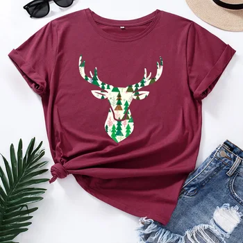 Moda Plus Velikost 5XL Božič Ženske T-shirt Bombaž Elk Print Majica s kratkimi rokavi Ženske O-vratu Kratek Rokav Dame Vrh Feminina