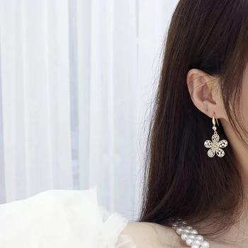 Korejski Moda 14k Pravi Zlati Cvet Uhani za Ženske Mikro Vdelan Cirkon Pearl Stud Uhan Poroko Posla Poročni Nakit