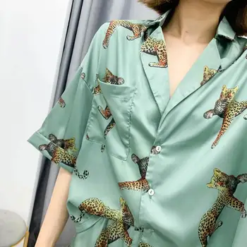 Nov poletni ženske dva kosa iz leopard natisnjeni pajama slog mehko kratek vrhovi bluzo & natisnjeni priložnostne ohlapne hlače 77950