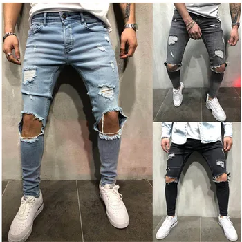 2020 Moške Jeans Novo Luknjo Slim Hlače Denim elastična suh bombaž moški ulične hiphop osebnost Svinčnikom hlače Moški 78431
