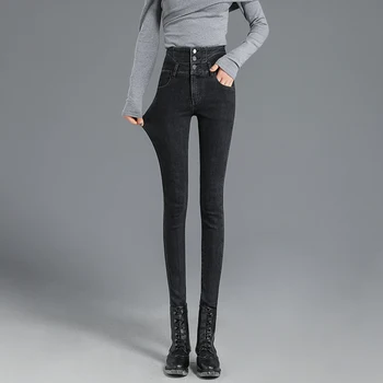 Visoko pasu skintight svinčnik jeans za ženske letnik Elastična slim korejski legging kavbojke Gumb letenje skinny jeans hlače big velikost 7916