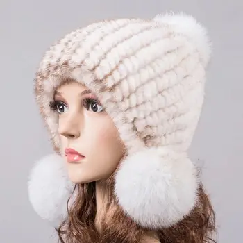 Naravni mink krzno kapo za zimo ženske pletene earflap krzno klobuki jeseni toplo krzno pom pom beanies modra, bež, roza 10 barv H919 80901