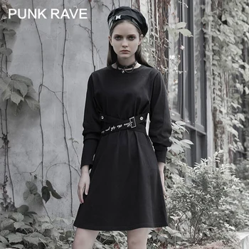 PUNK RAVE Dekle Gothic Črno Dolgo sleeved Obleko A-linije Casual Zgodaj Jeseni Kratka Obleka Ženske Ulične 81805
