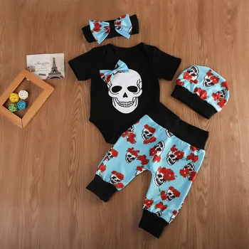 Citgeett 4Pcs Novorojenega Dojenčka Halloween Baby Boy Oblačila Jumpsuit Lobanje Bodysuit + Dolge Hlače Obleko, Pokrivala Nastavite 0-24M 81834