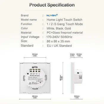 NOVSKI Touch Stikalo 220V Kristalno Steklo Plošče, EU | UK Standard Smart Touch Senzor za Vklop, 1/2/3 banda z LED nazaj luči 8265