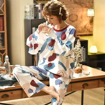 Ženske Pižame Nastavite Bombaž Priložnostne Homewear Ženske Pižame Hlače Jeseni Sleepwear Doma Obleko Mlade Ženske Pižame 2-delni Set 84084