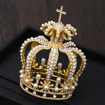 Poročne Krono Headdress Baročno Kristalno Pearl Zlato Krono Krog Krono Kraljice Tiara Krono Nakit Stranka, Poročni Dodatki Za Lase 84597