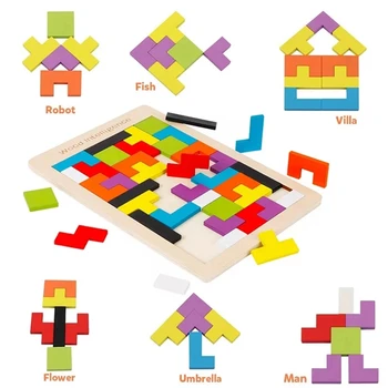 Montessori Igrače, Lesene Tetris Igre Tangram Sestavljanke, 3D Pisane Otroke, Izobraževalne Jigsaw Puzzle Igre Igrače za Otroke, Otroci 85384