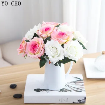 YO CHO (10 kos/veliko)Visoko simulacije kratek razvejano umetno peony šopek svile flanela rose cvet za dom poroka dekoracija 86133