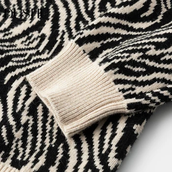 DUSHU Zebra print trakove kratka kniited jopico Ženske elegantne v vratu black prevelik pulover Zimski ženski skakalec plus velikost