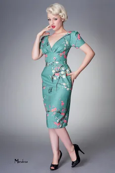 Poletje ženske 40-ih letnik Japonska Sliva cvet tiskanja v vratu kratek rokav S svinčnikom Obleko pinup vestido velik plus velikost 4xl obleke 87424