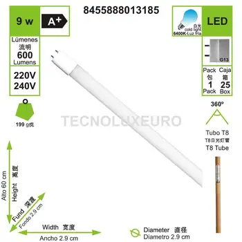 LED T8 TUBO 9W 60 CM CRISTAL 6400K BLANCO [5 piezas]
