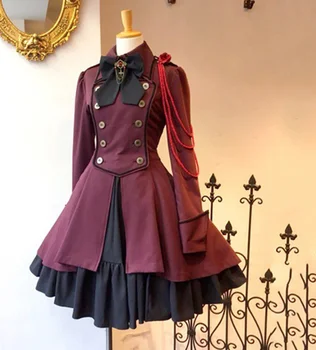 2021 Letnik Gothic Lolita Obleko OP Ruffle Lok kravato Gumb Čipke Koleno Dolžina Obleko z Dolgimi Rokavi Sweet Oblačenja