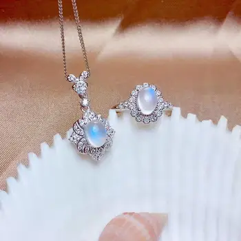 Nov slog naravnega moonstone prstan in ogrlica nakit set pravi 925 srebro srečen birthstone Gemini dekle darilo za rojstni dan 8944